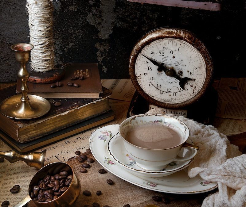 Vintage Coffee scale, scoop and coffee in saucer