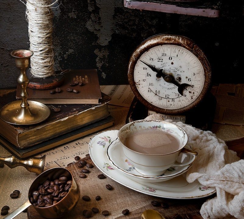 Vintage Coffee scale, scoop and coffee in saucer