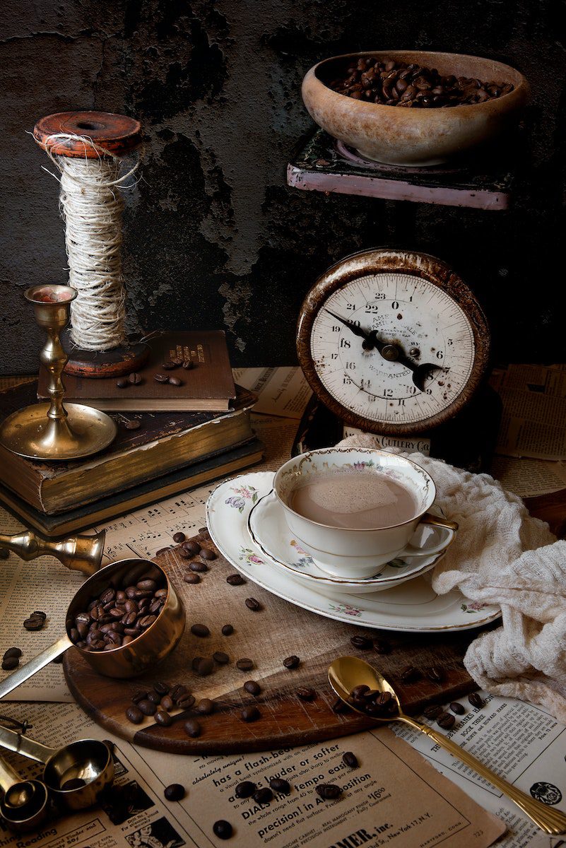 Vintage Coffee scale, scoop and coffee in saucer